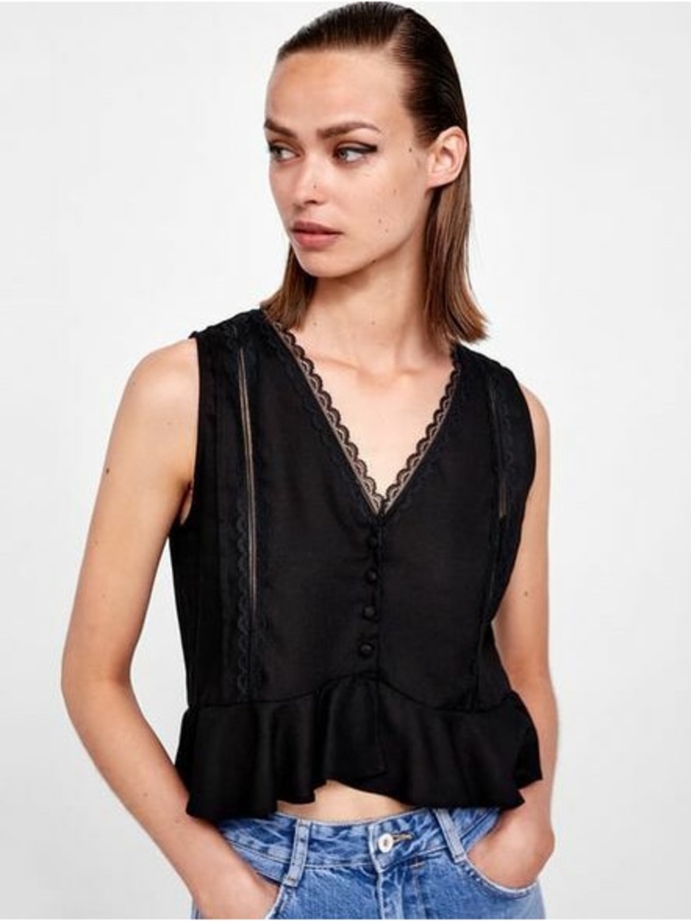 Zara Lace Peplum Top In Black Size XS